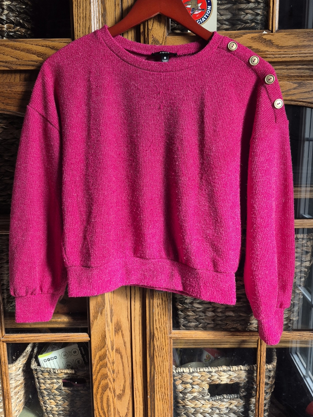 Aqua Hot Pink Crewneck Sweater with Shoulder Buttons